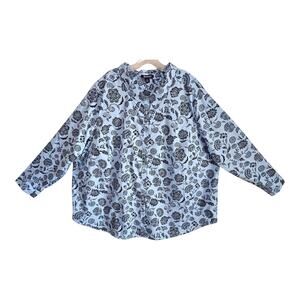 ROAMAN'S Women 30 Blouse Button Up Navy Blue Floral Long Sleeve Cotton Blend 58"